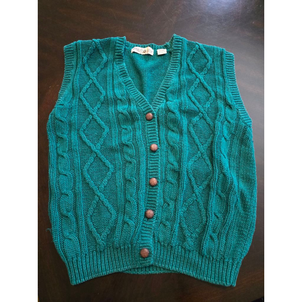 Women's Vintage 90s Rainbow Ridge Teal Cable Knit Cardigan Vest M Boho Indie